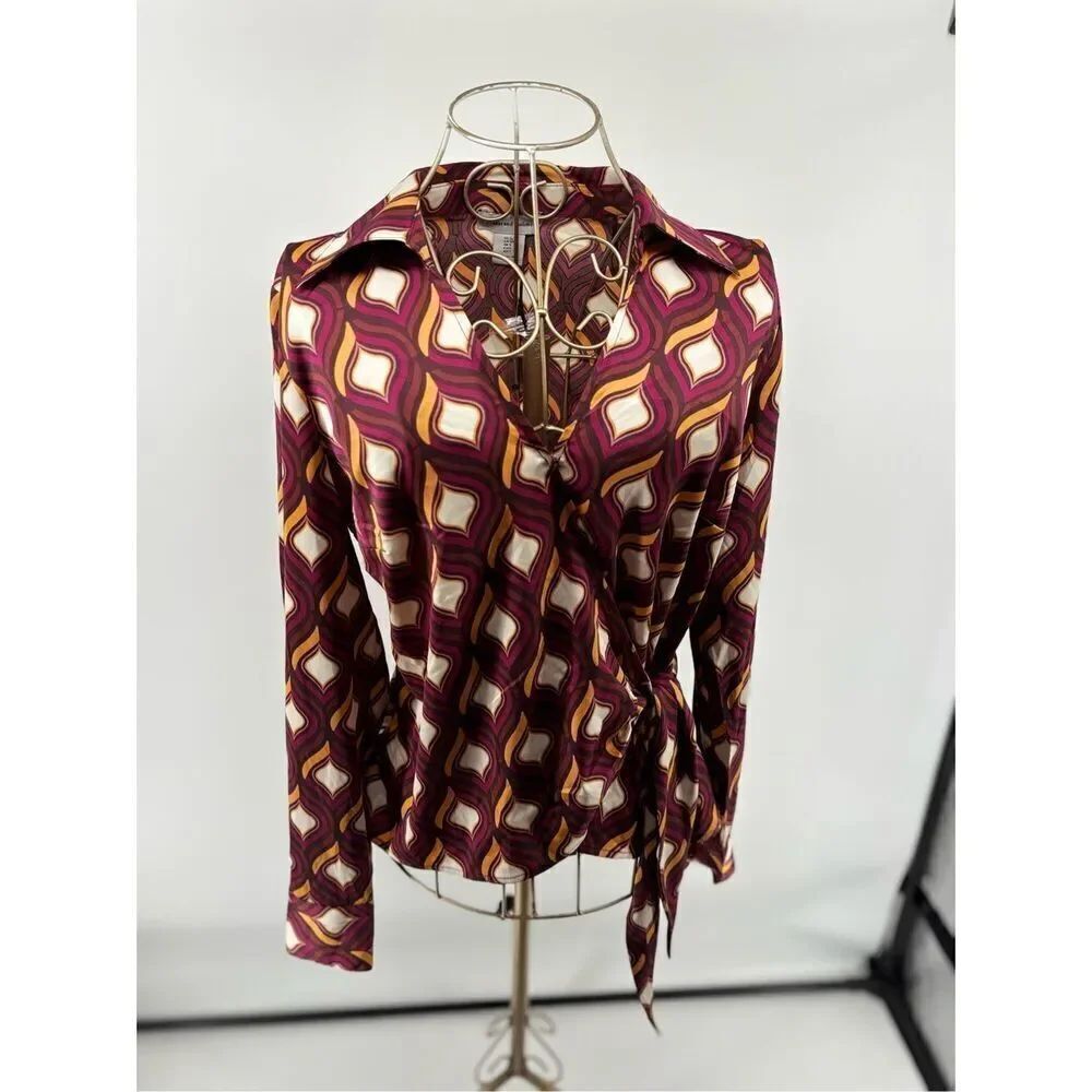 NWT Cupcakes & Cashmere Geo Print Faux Wrap Blouse Long Sleeve S